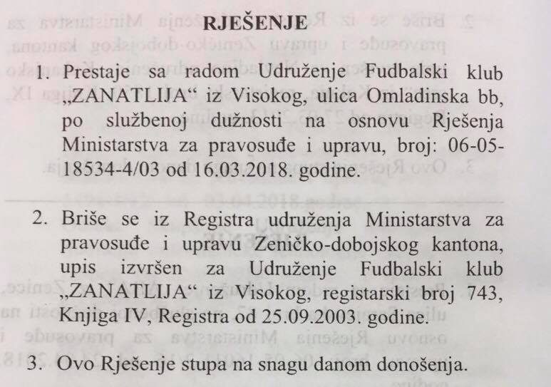 fk zanatlija, rjesenje o gasenju kluba