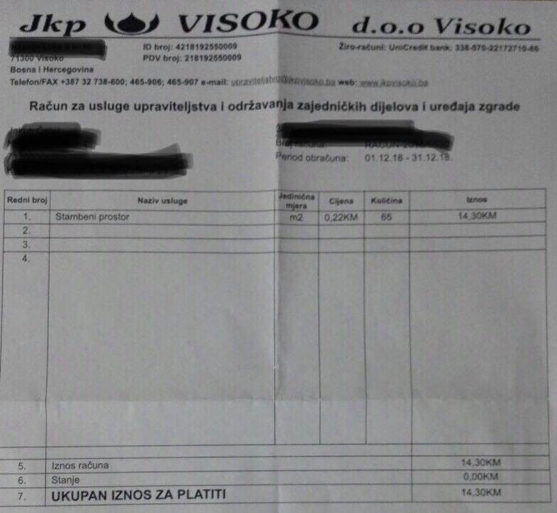 novi racuni jkp visoko, januar 2019