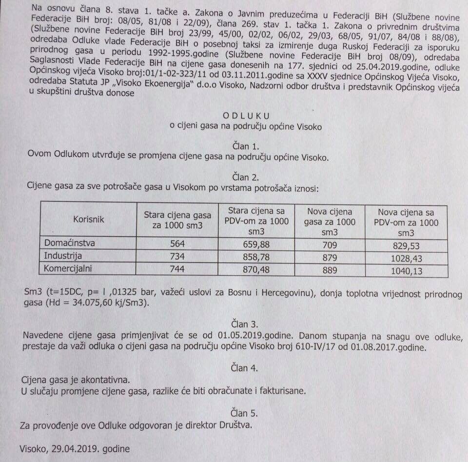 Cijene gasa u Visokom